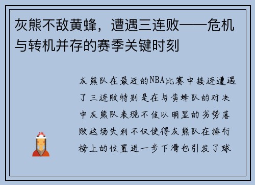 灰熊不敌黄蜂，遭遇三连败——危机与转机并存的赛季关键时刻